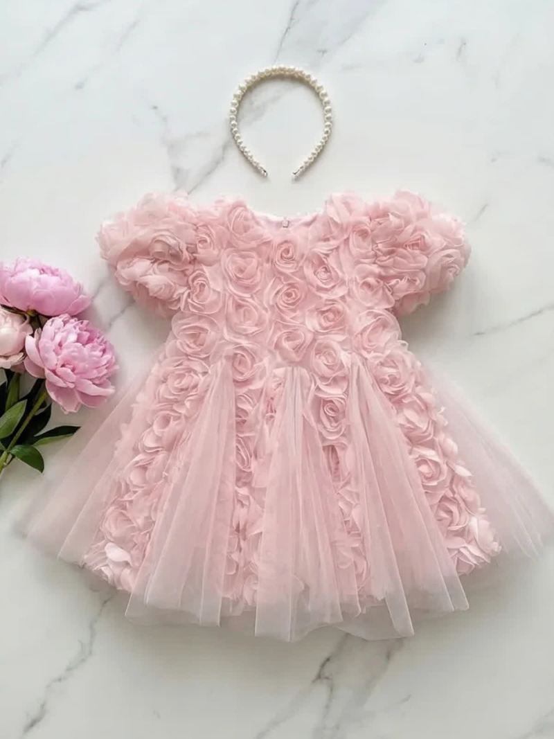 Mesh Rosette Short Sleeve Midi Dresses - image 2
