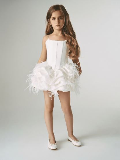 Satin Feather-trimmed Sleeveless Short Dresses - image 2