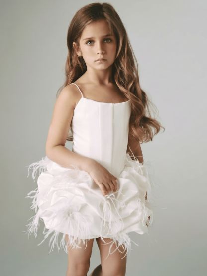 Satin Feather-trimmed Sleeveless Short Dresses - White - 9-10Y - image 1