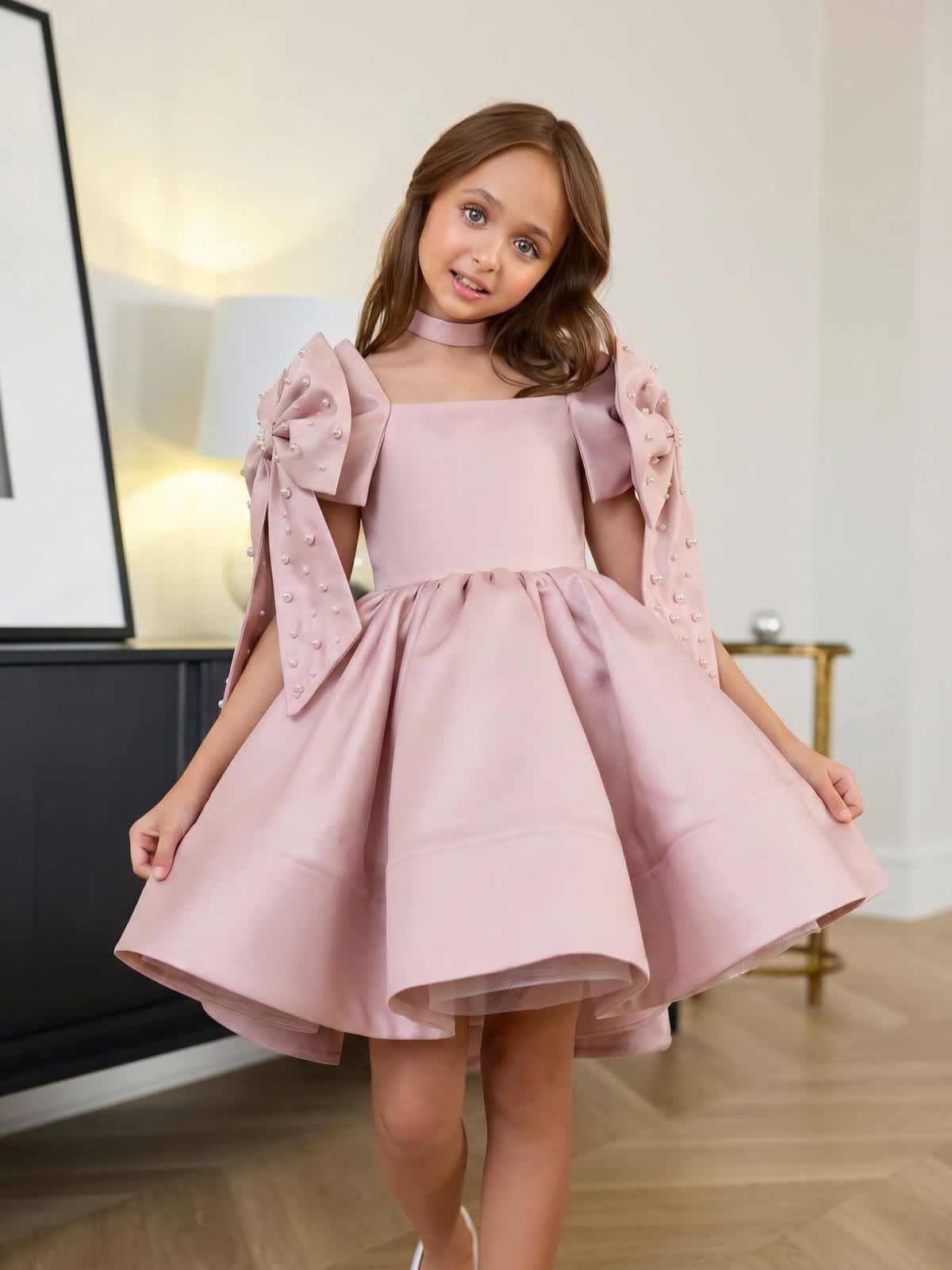 Satin Bow Sleeveless Short Dresses - Pink - 160cm - image 1