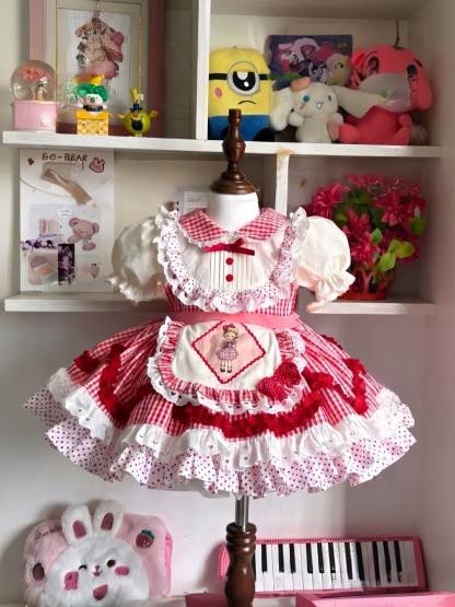 Cotton-Blend Bow Short Sleeve Short Dresses - Red - 140cm - image 1