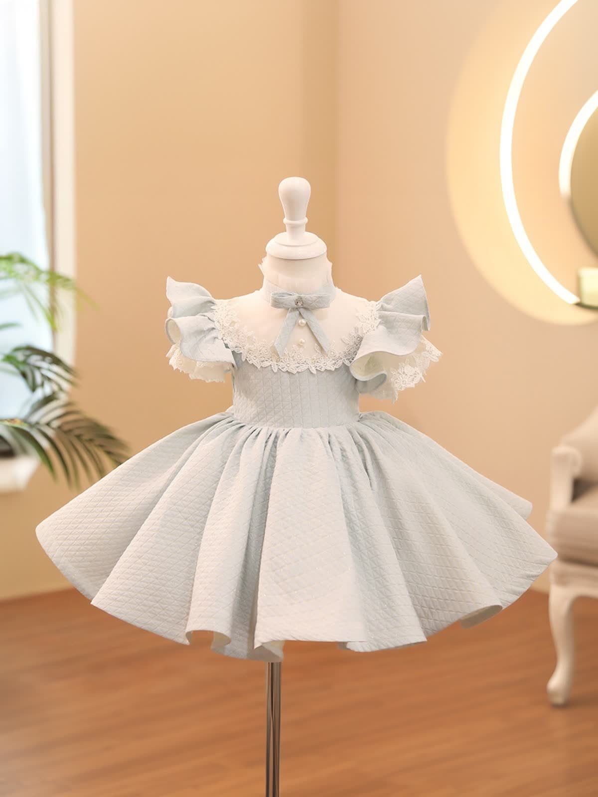 Acetate Bow Short Sleeve Short Dresses - Light Blue - 130cm - image 1