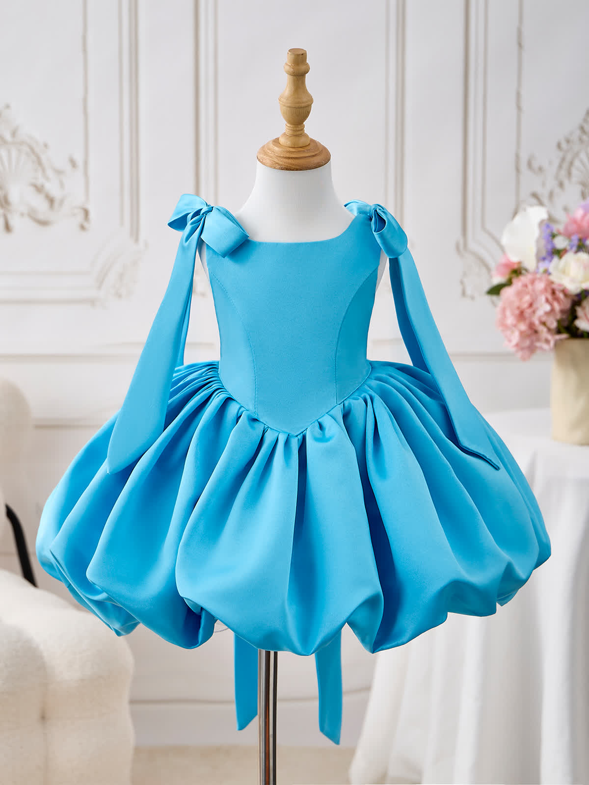 Satin Bow Sleeveless Midi Dresses - Sky Blue - 12-13Y - image 1