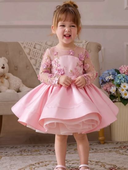 Chemical Fiber Blend Rosette Long Sleeve Short Dresses - Pink - 160cm - image 1