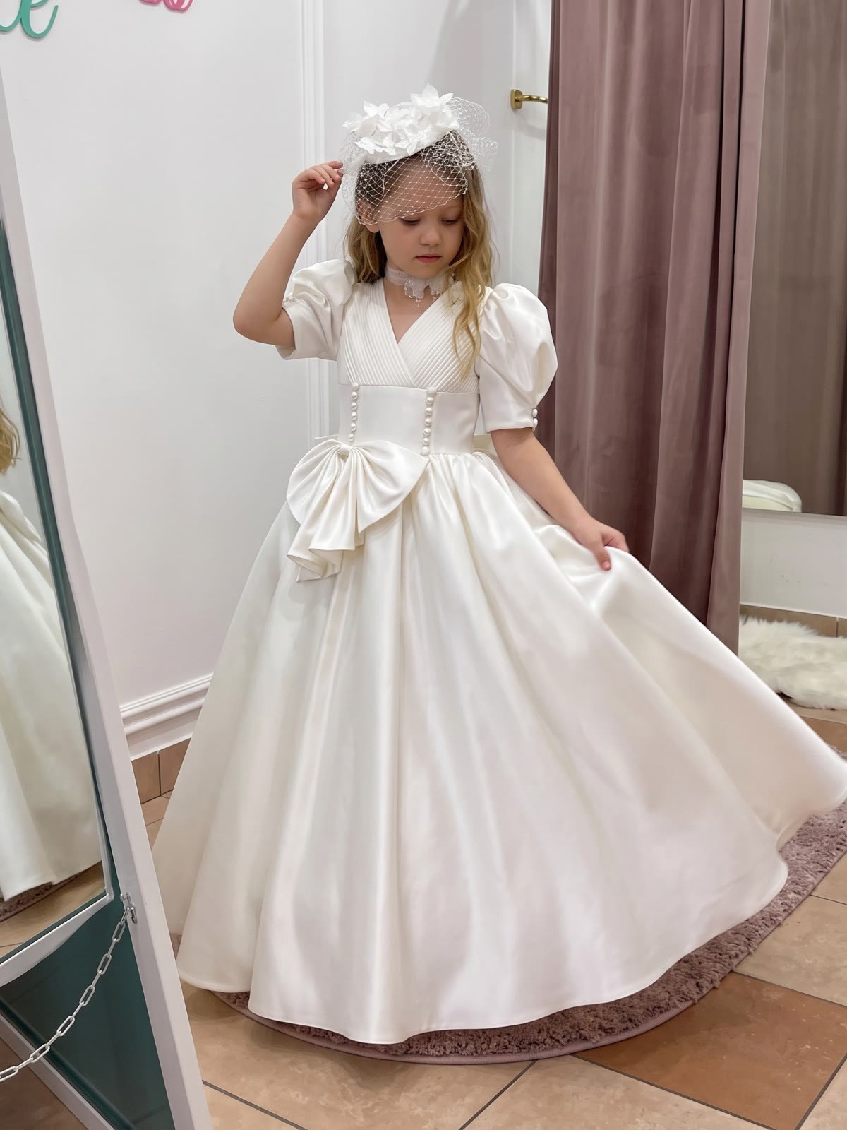 Satin Bow Short Sleeve Maxi Dresses - White - 160cm - image 1