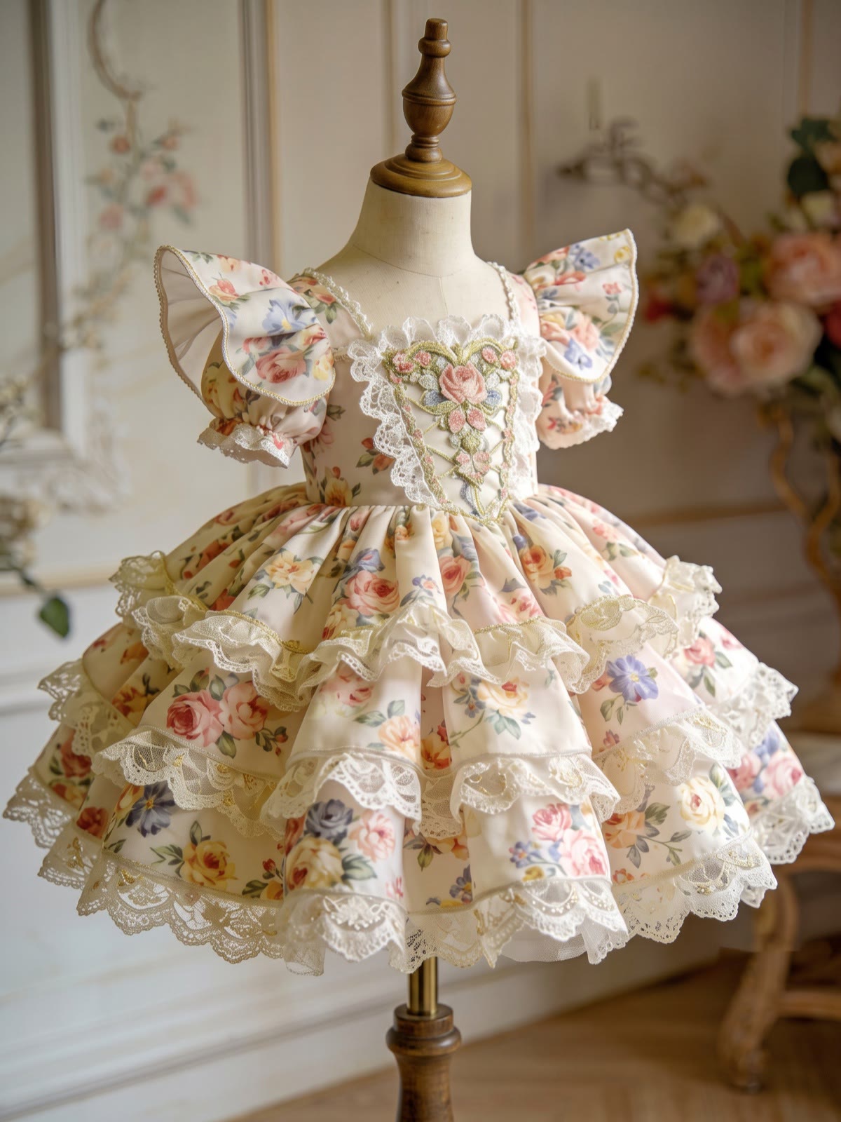 Polyester Cotton Lace Edge Short Sleeve Short Dresses - Apricot - 9-11Y - image 1