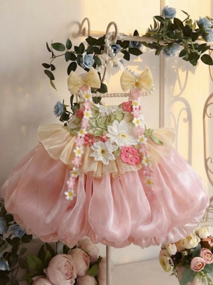 Organza Bow Embroidery Sleeveless Short Dresses - Pink - 5-6Y - image 1