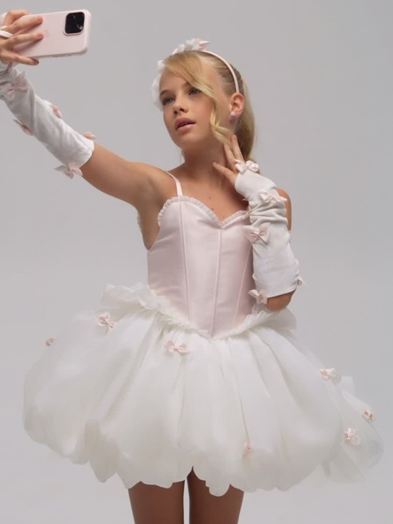 Satin Bow Ballet Sleeveless Short Dresses Without Gloves - White - 8Y - image 1