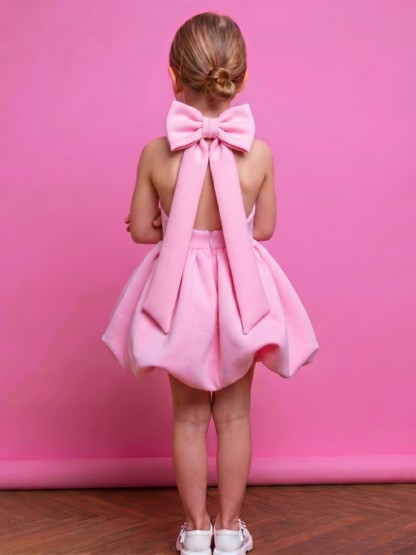 SCUBA KNIT Bow Sleeveless Short Dresses - Pink - 9-10Y - image 1