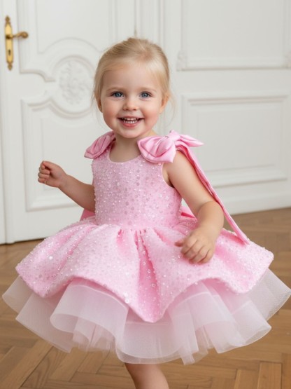 Glitter Bow Sleeveless Midi Dresses - Pink - 12-13Y - image 1