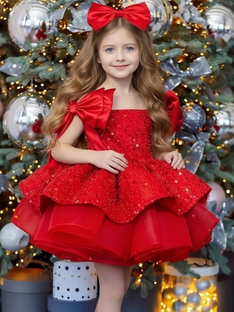 Glitter Bow Sleeveless Midi Dresses - Red - 12-13Y - image 8