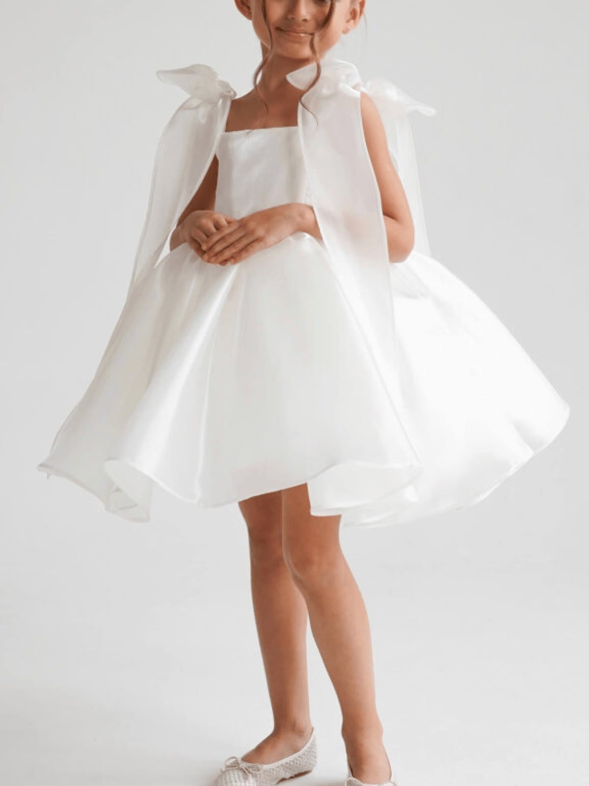 Satin Bow Sleeveless Short Dresses - White - 9-10Y - image 1