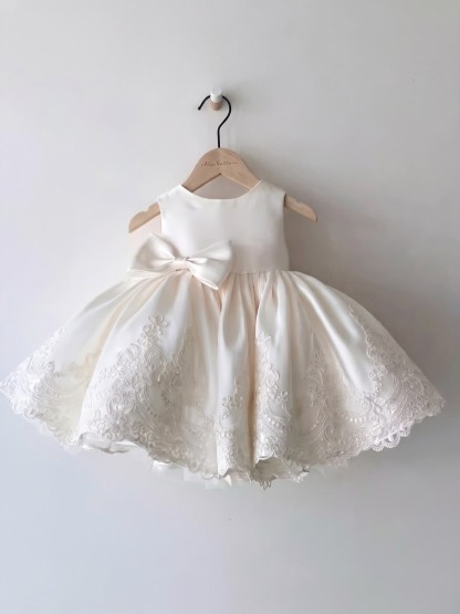 Satin Stitching Lace Bow Sleeveless Midi Dresses - White - 13-14Y - image 1