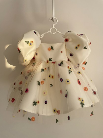 Satin Floral-embroidered Short Sleeve Midi Dresses - Beige - 5Y - image 1