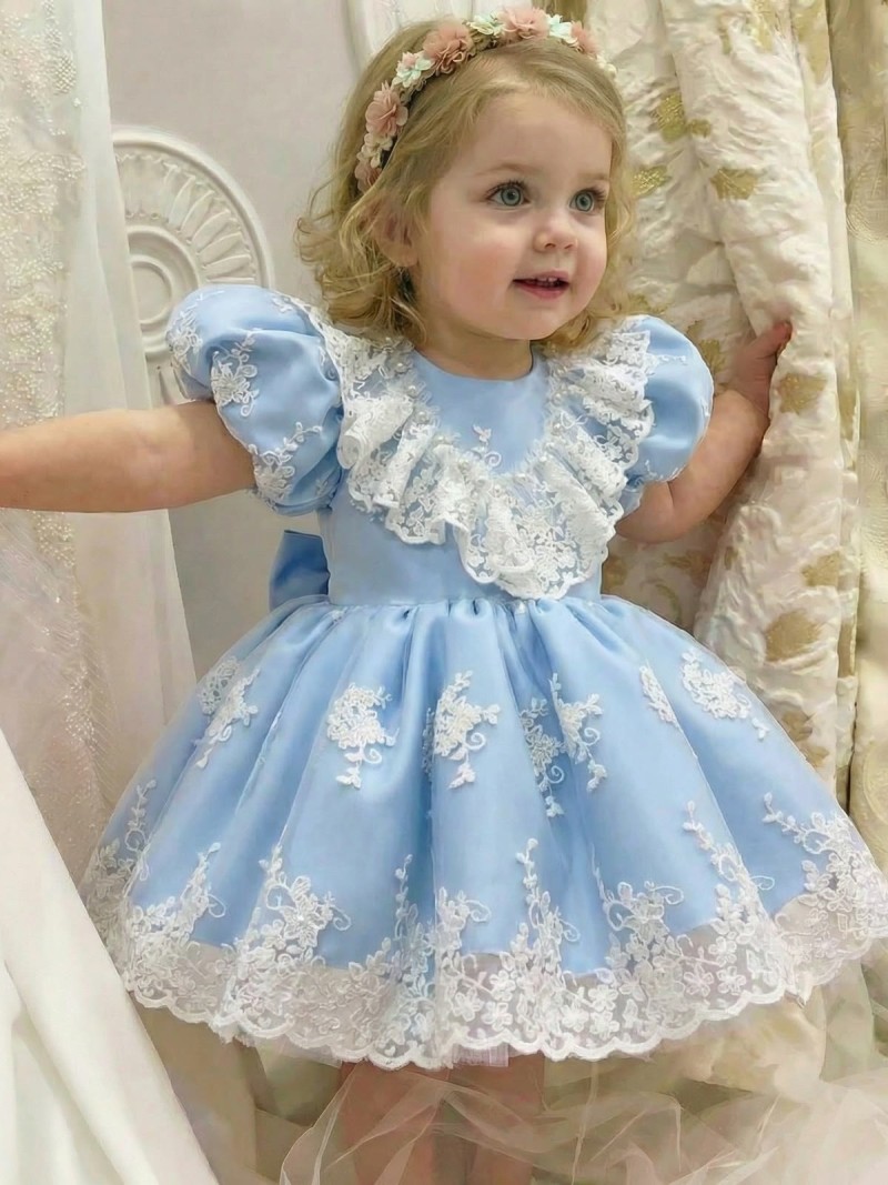 Satin & Mesh Pearl Lace Edge Short Sleeve Midi Dresses - image 2