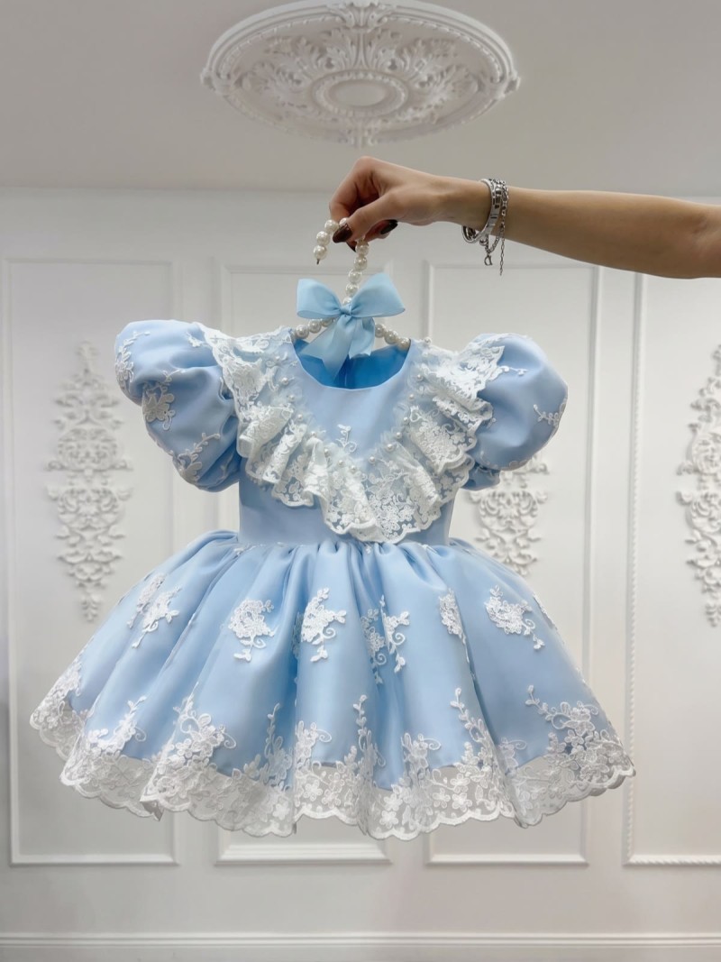 Satin & Mesh Pearl Lace Edge Short Sleeve Midi Dresses - Blue - 4Y - image 1