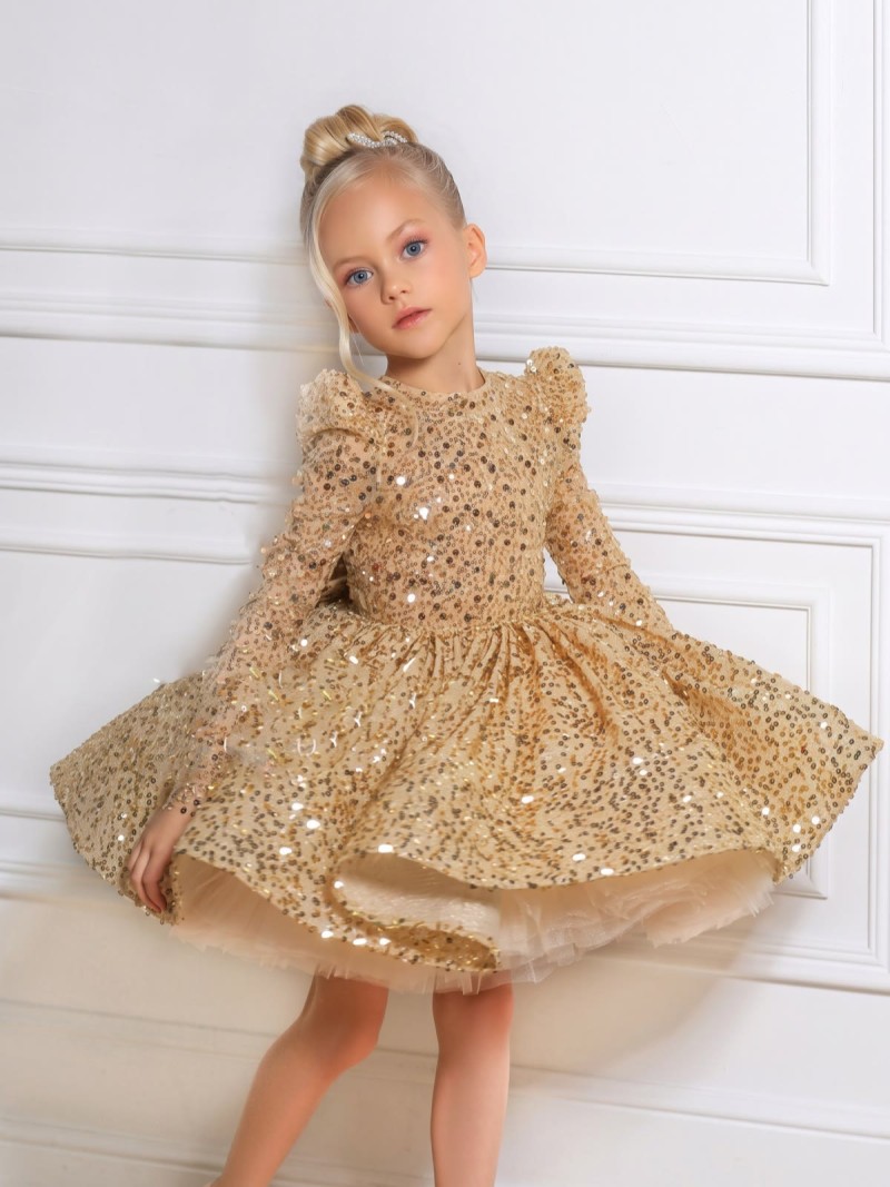 Glitter Bow Long Sleeve Midi Dresses - Champagne - 12-13Y - image 1
