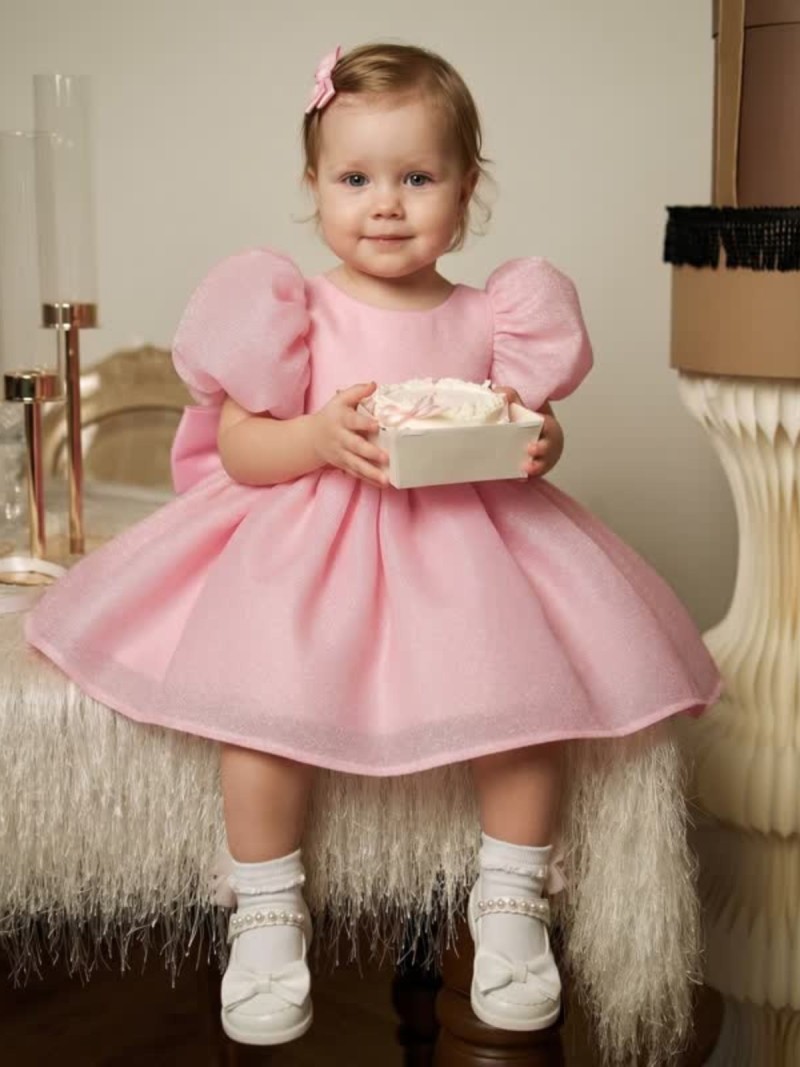 Organza Cotton-Blend Bow Ruched Short Sleeve Regular Dresses - Dark Pink - 2-3Y - image 1