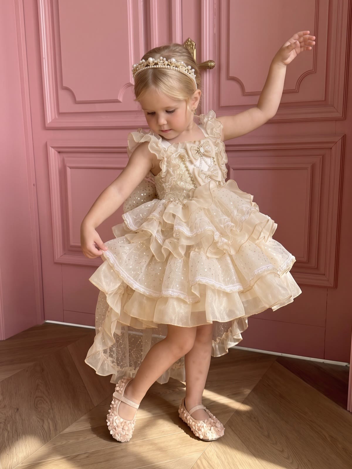 Organza Bow Short Sleeve Short Dresses - Champagne - 150cm - image 1