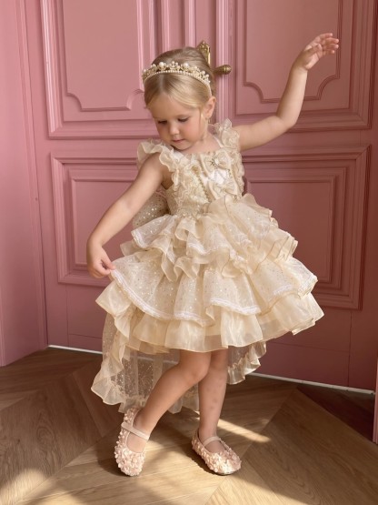 Organza Bow Short Sleeve Short Dresses - Champagne - 150cm - image 1