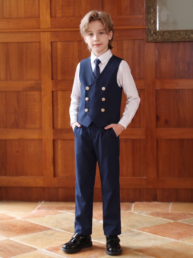 Chemical Fiber Blend Button Long Sleeve Long 4-piece Formal Suit - Navy Blue - 180cm - image 1