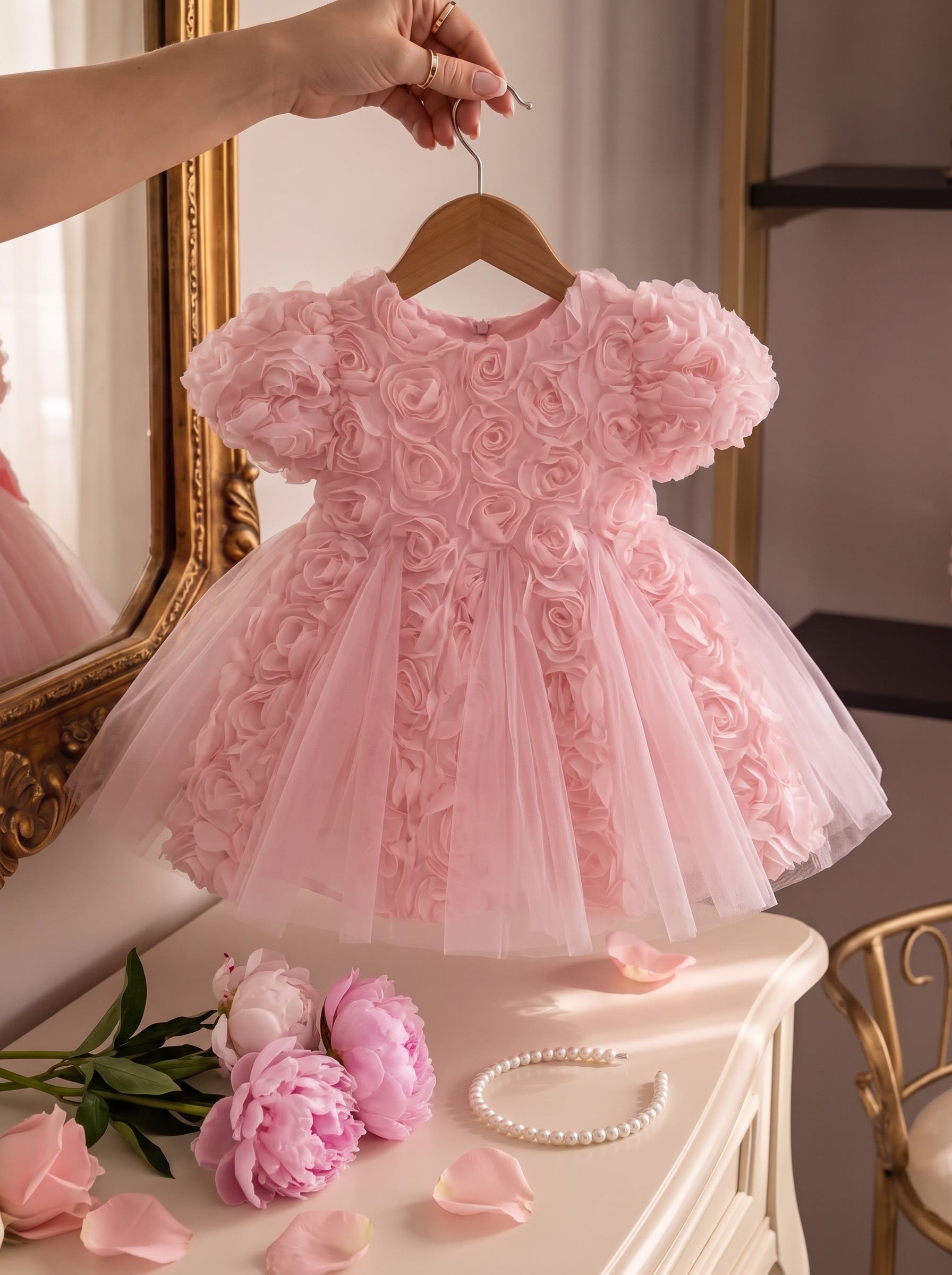 Mesh Rosette Short Sleeve Midi Dresses - Pink - 150cm - image 1
