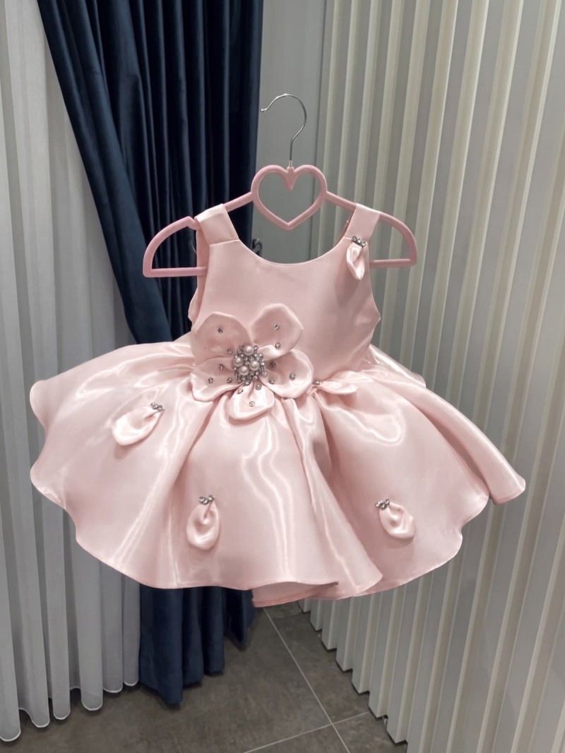 Satin Rosette Sleeveless Short Dresses - Pink - 5Y - image 1