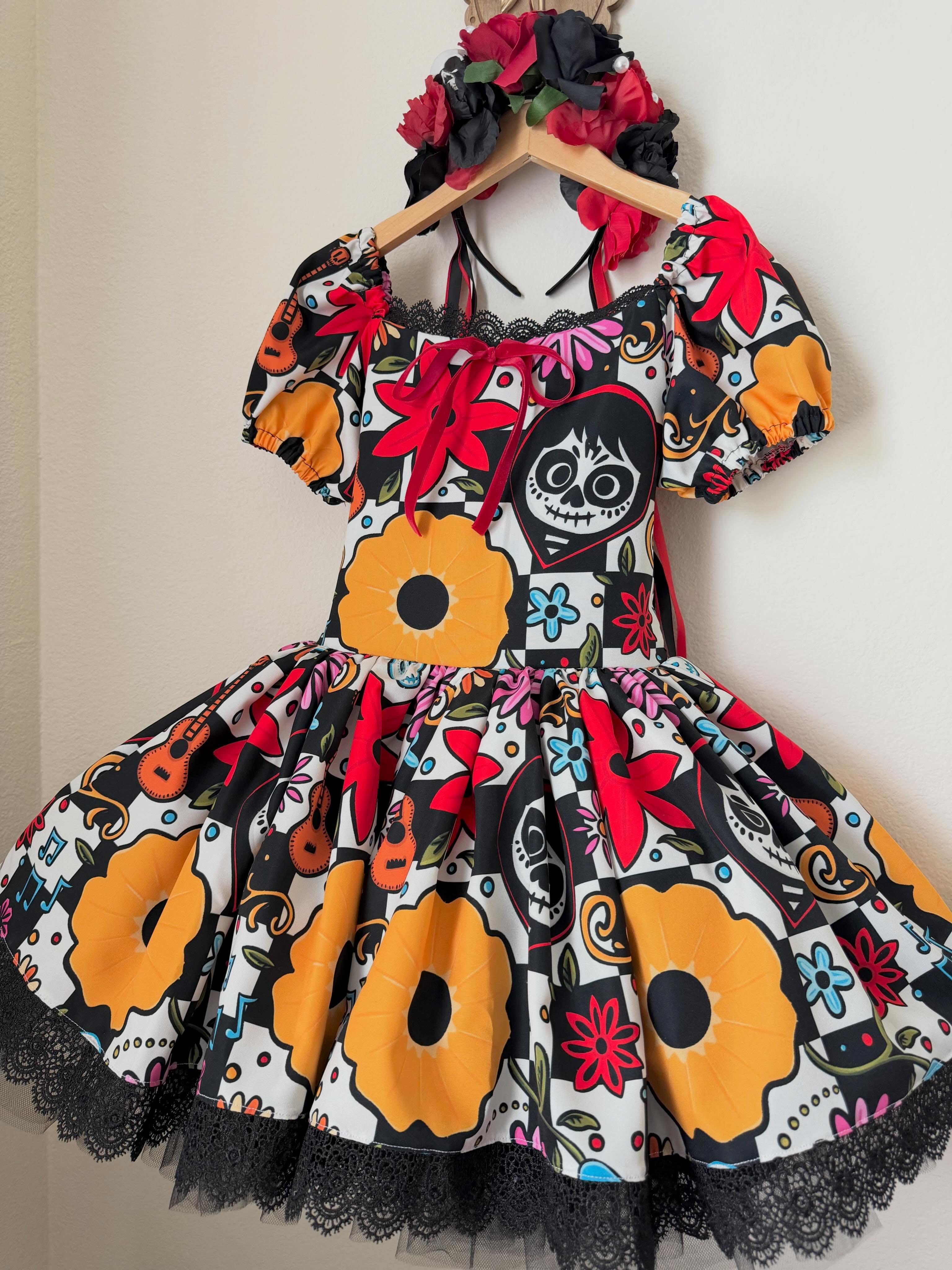 Chemical Fiber Blend Lace Edge Short Sleeve Midi Dresses - Black & Orange - 9-10Y - image 1