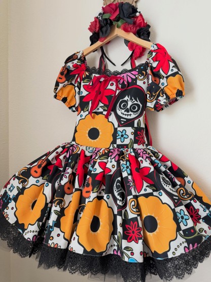 Chemical Fiber Blend Lace Edge Short Sleeve Midi Dresses - Black & Orange - 9-10Y - image 1