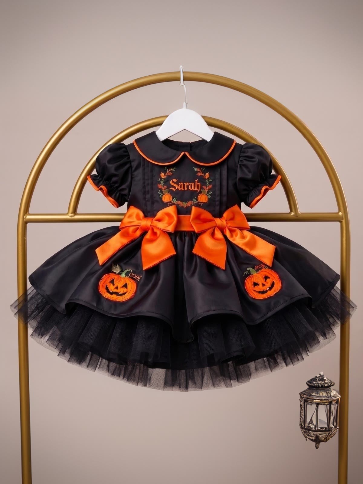 Satin Embroidery Short Sleeve Short Dresses Without Hat - Black & Orange - 4Y - image 1