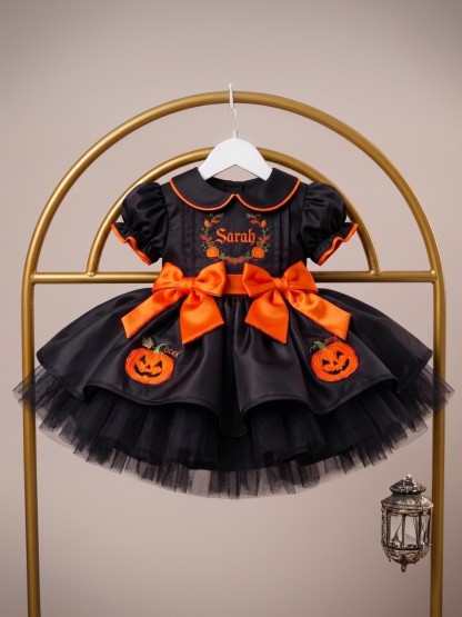 Satin Embroidery Short Sleeve Short Dresses Without Hat - Black & Orange - 4Y - image 1