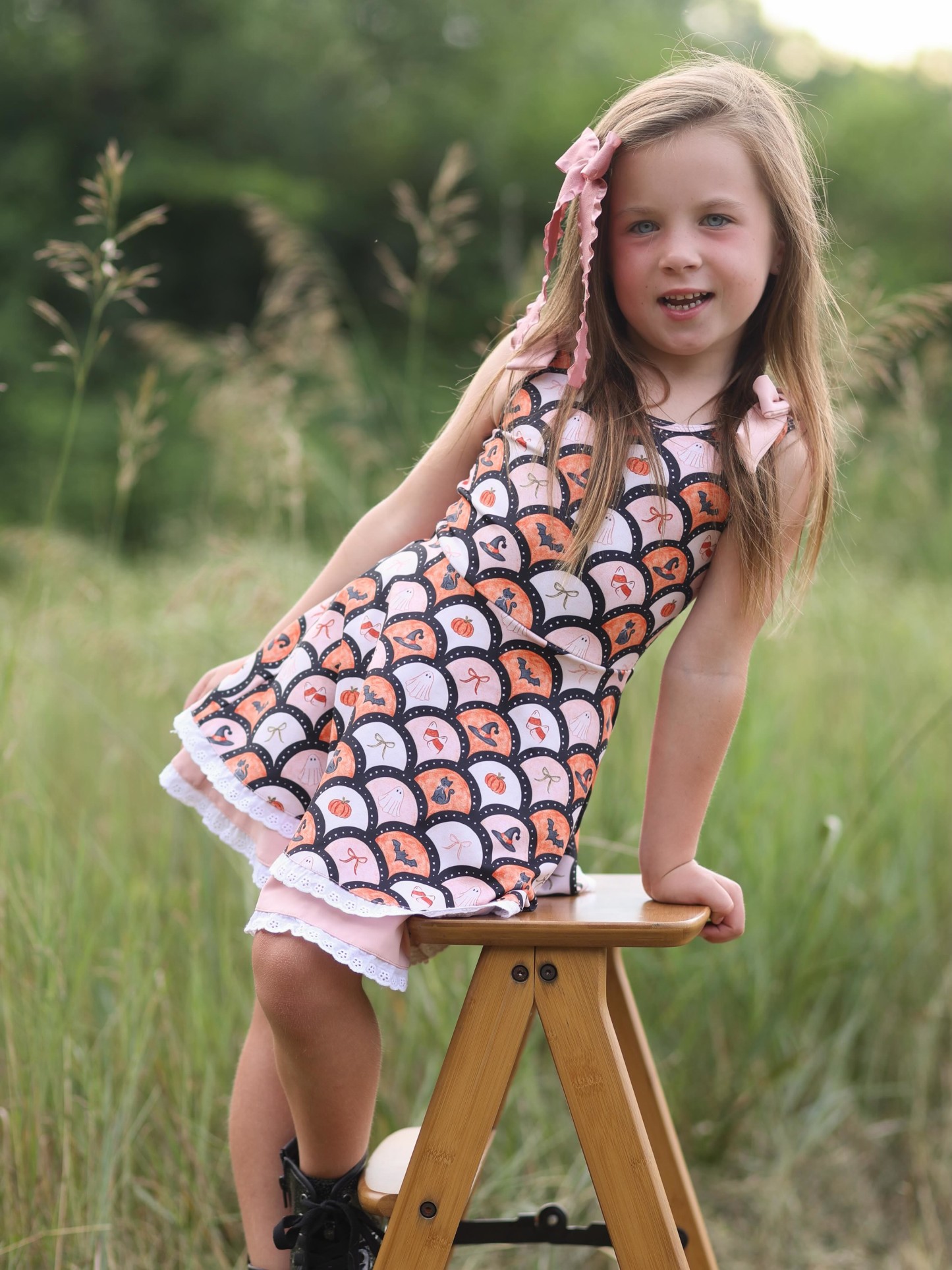 Chemical Fiber Blend Lace Edge Sleeveless Midi Dresses - Pink & Orange - 9-10Y - image 1