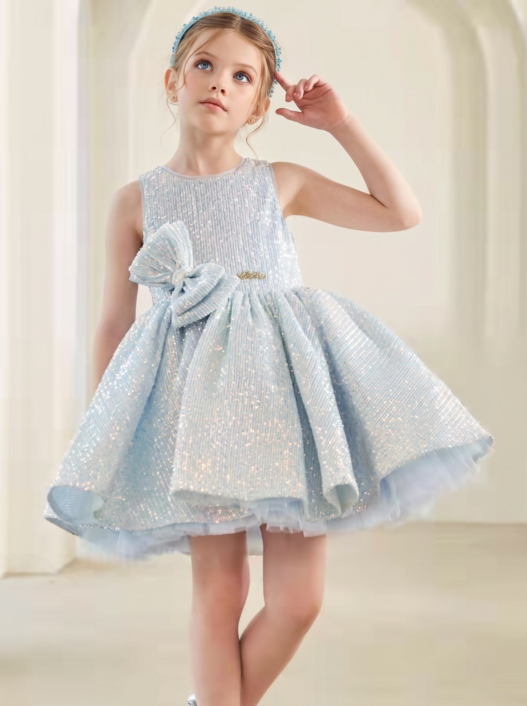 Chemical Fiber Blend Bow Sleeveless Short Dresses - Light Blue - 160cm - image 1
