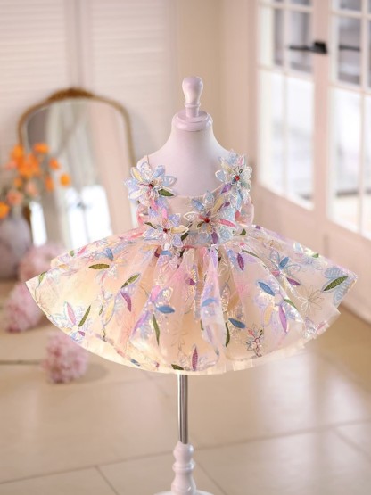Chemical Fiber Blend Rosette Sleeveless Short Dresses - Champagne - 160cm - image 1