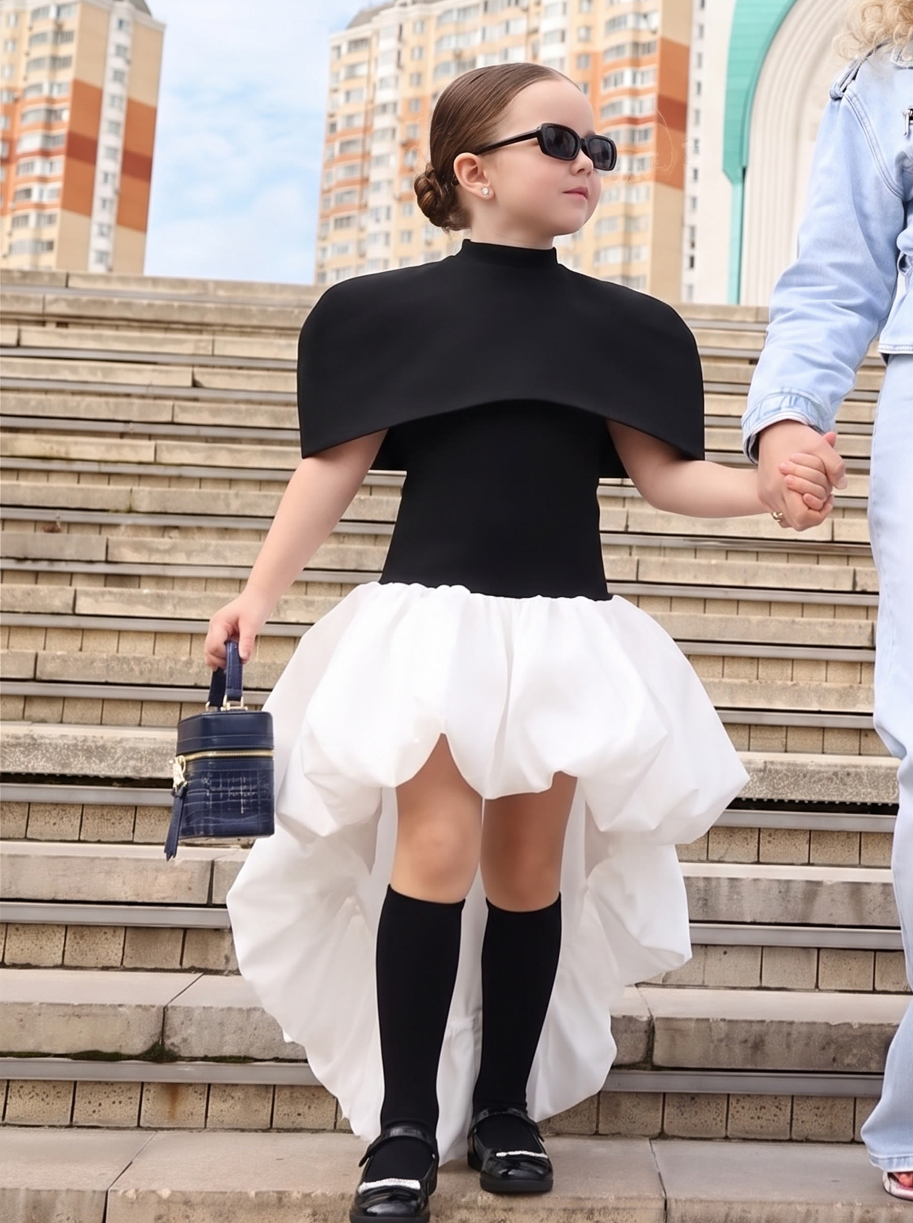 Chemical Fiber Blend Fluffy Cap Sleeve Short Two-piece Set - Black - 13-14Y - image 1