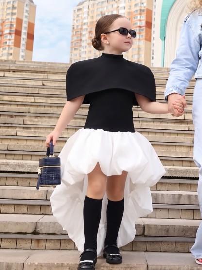 Chemical Fiber Blend Fluffy Cap Sleeve Short Two-piece Set - Black - 13-14Y - image 1
