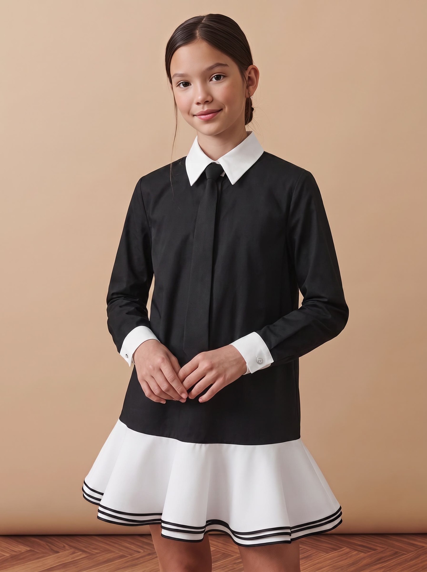 Chemical Fiber Blend Tie Long Sleeve Short Dresses - Black - 13-14Y - image 1