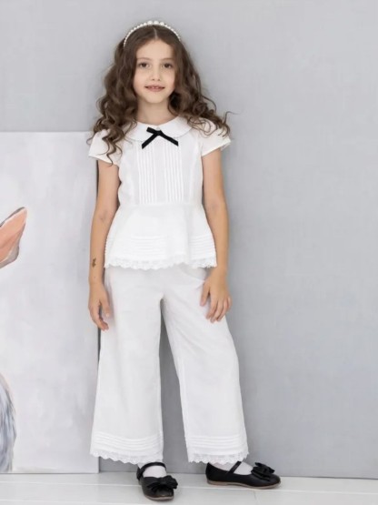 100% Cotton Lace Edge Short Sleeve Regular Two-piece Set - White - 9-10Y - image 1