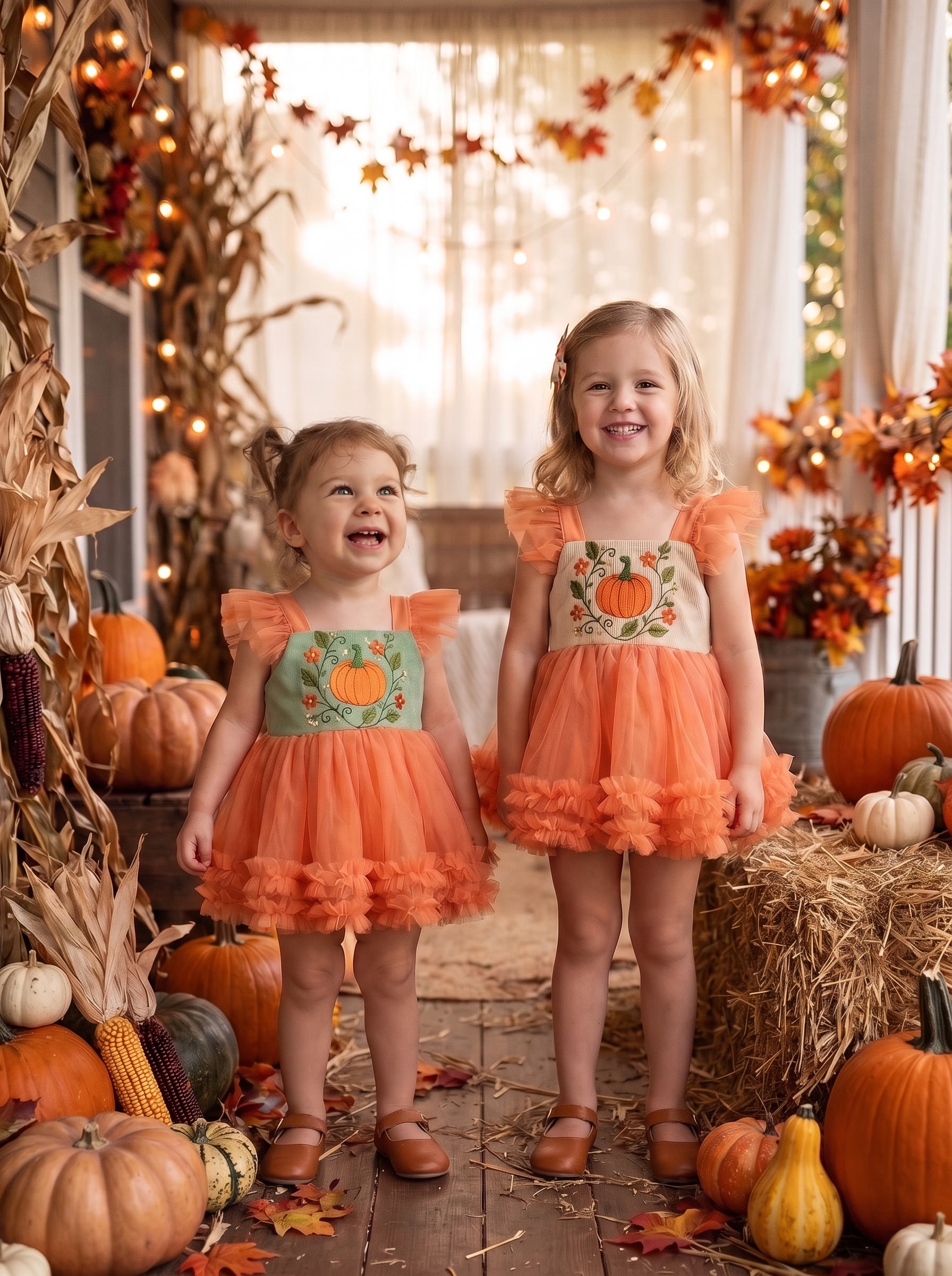 Mesh Embroidery Cap Sleeve Short Dresses - Green & Orange - 4Y - image 1