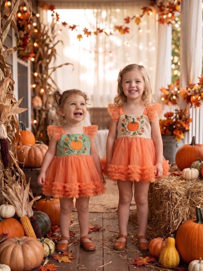 Mesh Embroidery Cap Sleeve Short Dresses - Green & Orange - 4Y - image 1