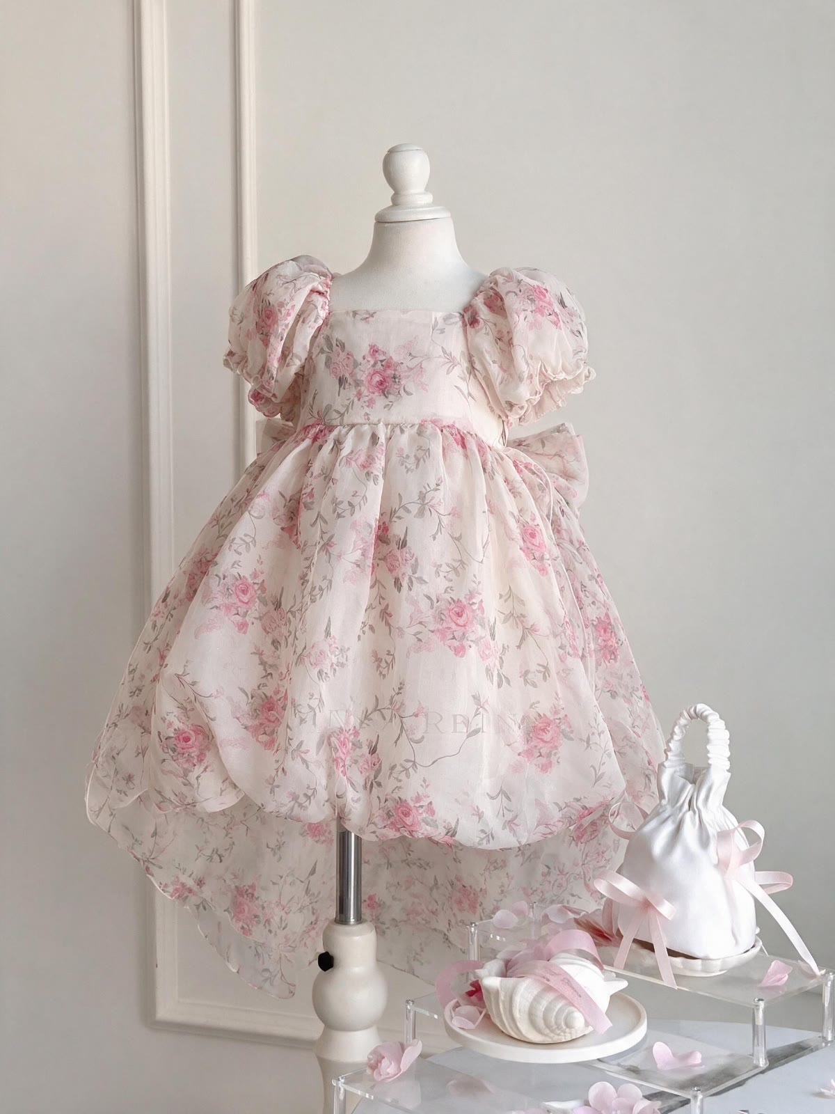 Chemical Fiber Blend Bow Short Sleeve Midi Dresses - Light Pink - 170cm - image 1