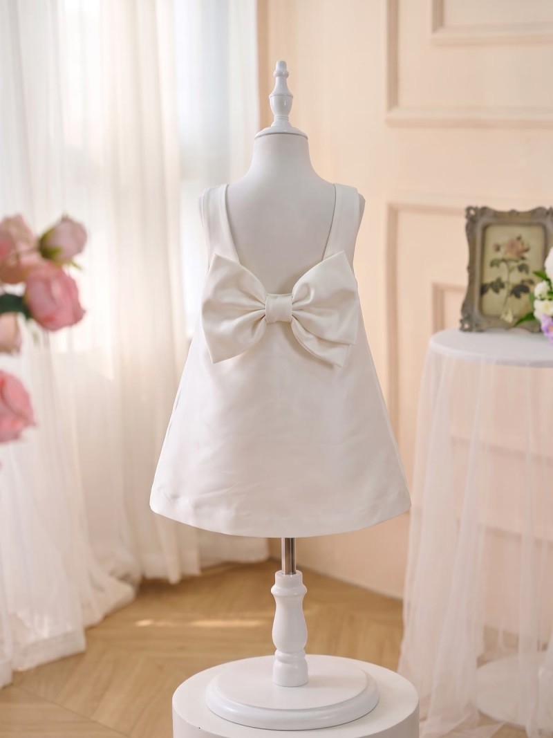 Satin Bow Sleeveless Short Dresses - White - 140cm - image 1