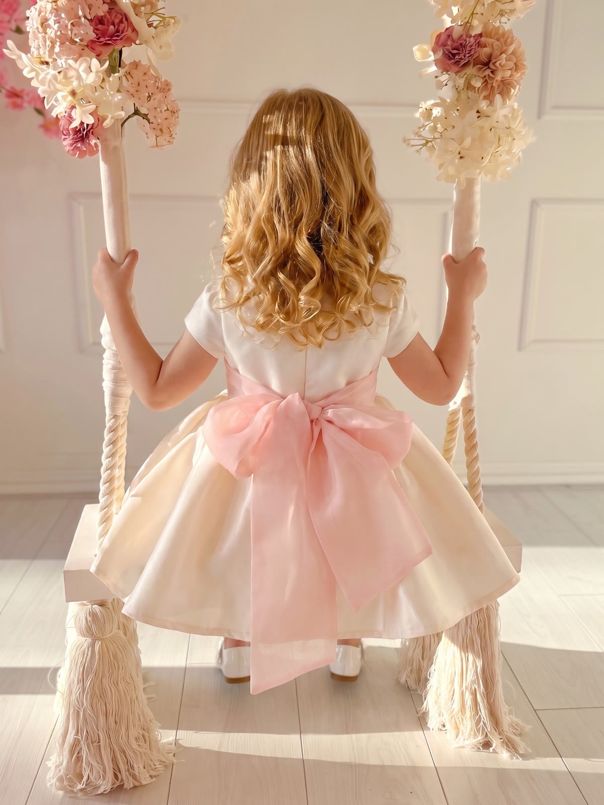 Satin Bow Short Sleeve Short Dresses - Beige - 160cm - image 1