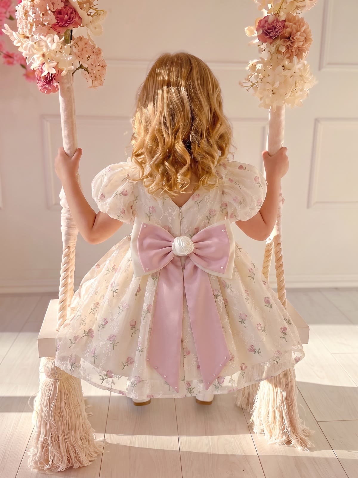 Organza Bow Short Sleeve Short Dresses - image 3