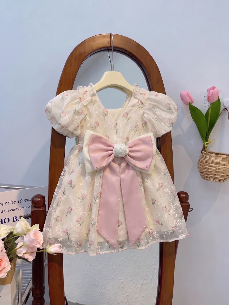 Organza Bow Short Sleeve Short Dresses - Off-white - 140cm - image 1