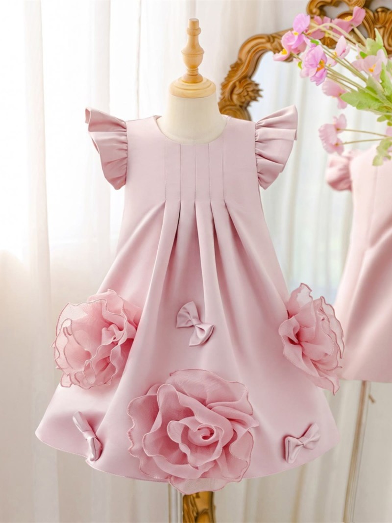 Satin Rosette Sleeveless Short Dresses - Pink - 8Y - image 1