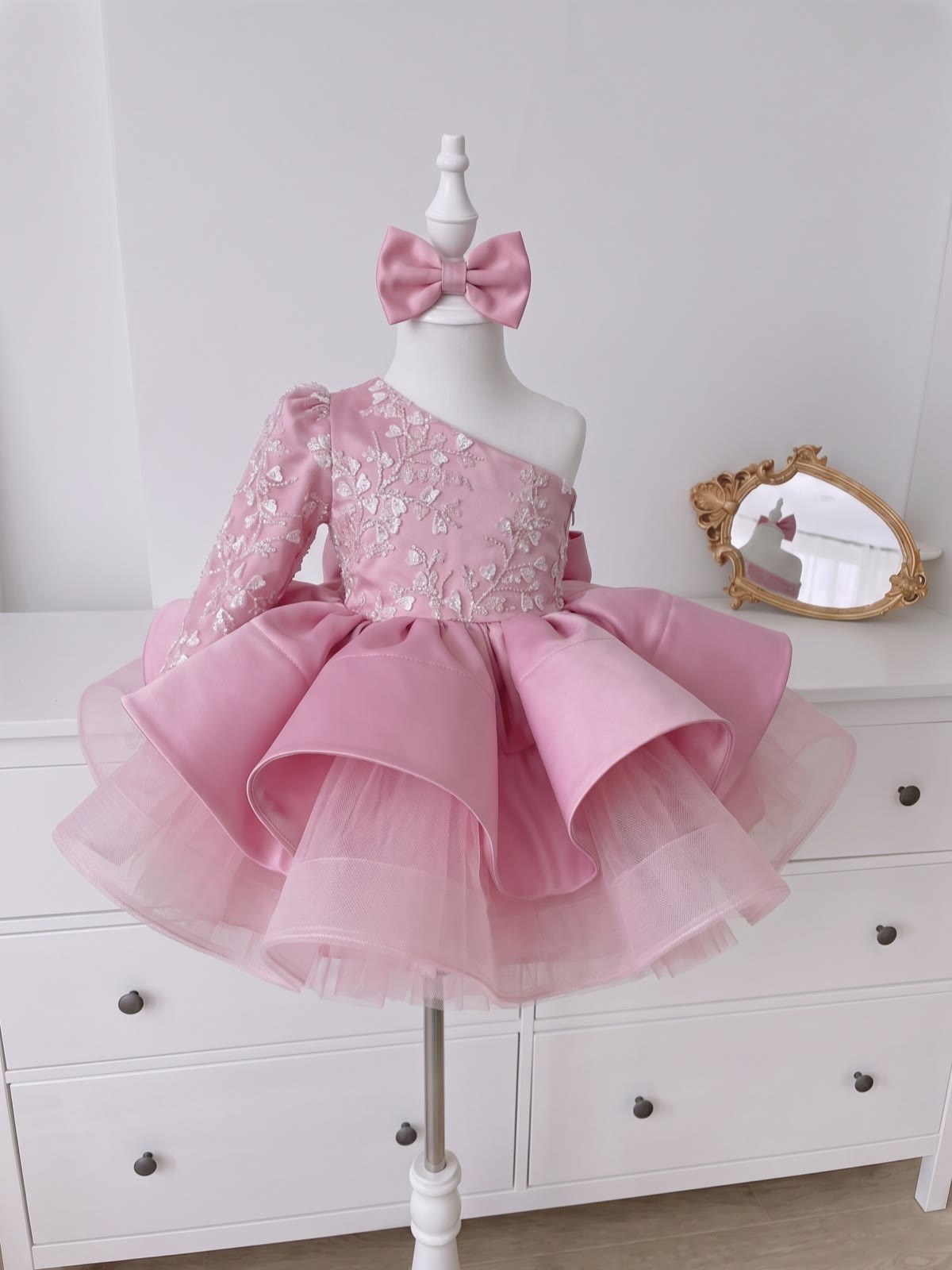 Satin Bow Long Sleeve Short Dresses - Pink - 150cm - image 1