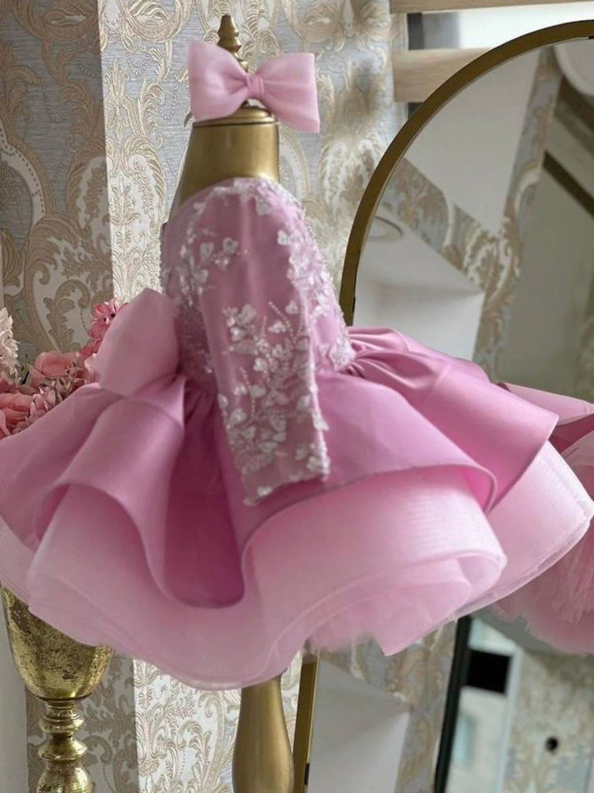Satin Bow Long Sleeve Short Dresses - image 6