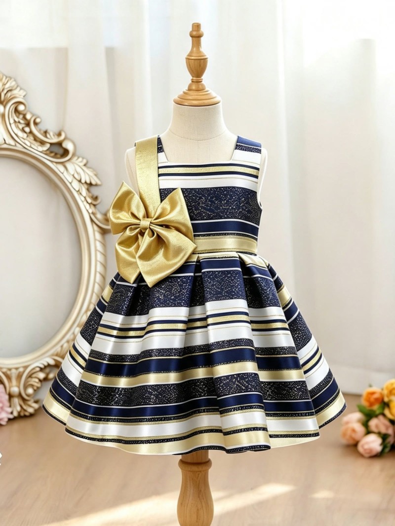 Satin Bow Sleeveless Short Dresses - Deep Blue - 150cm - image 1