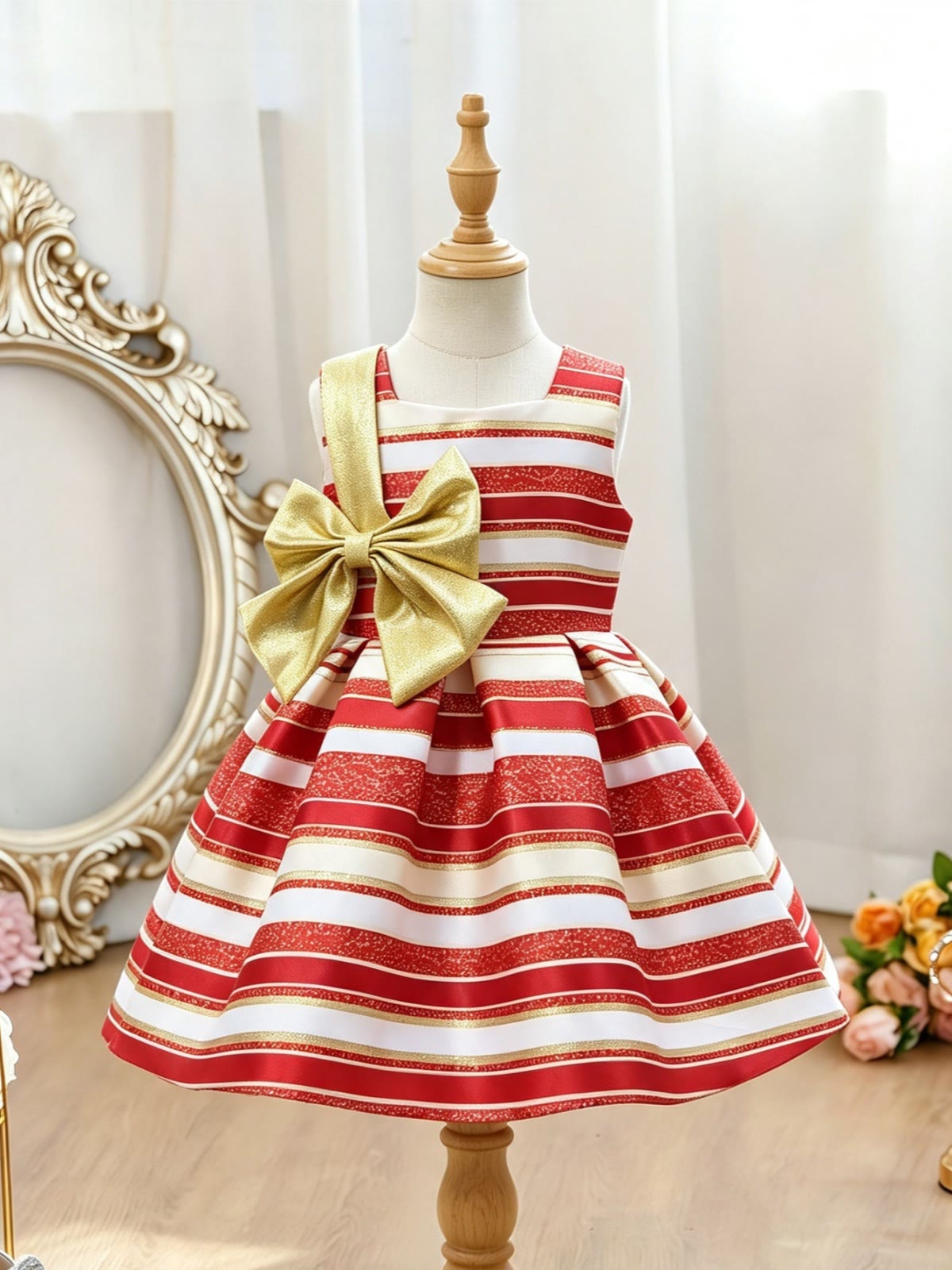 Satin Bow Sleeveless Short Dresses -  Red - 150cm - image 6